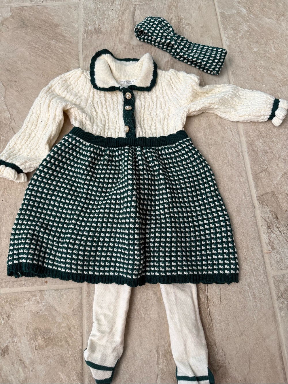 Max Studio Baby Cream Knit Sweater Dress with Dark Green Trim